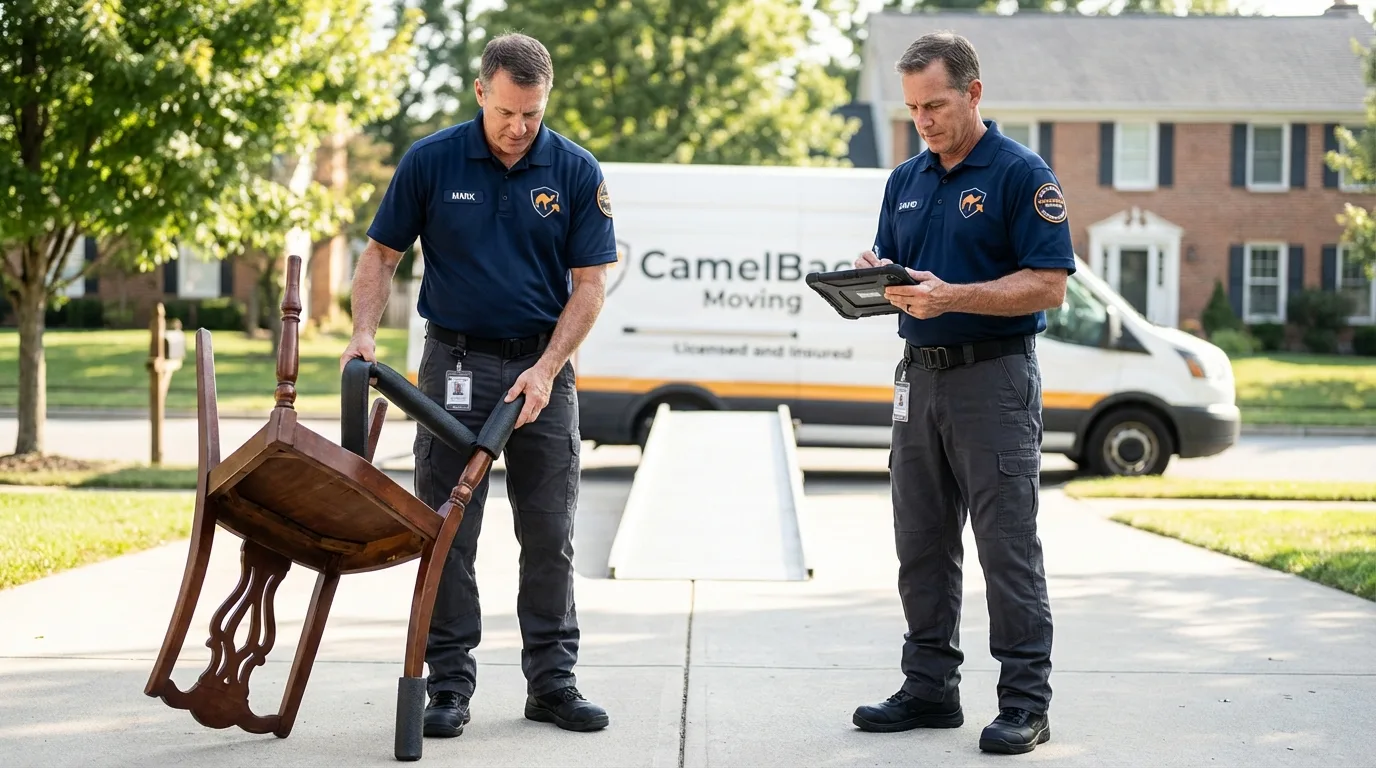 Movers inspecting furniture for damage prevention before loading in Granite City, IL